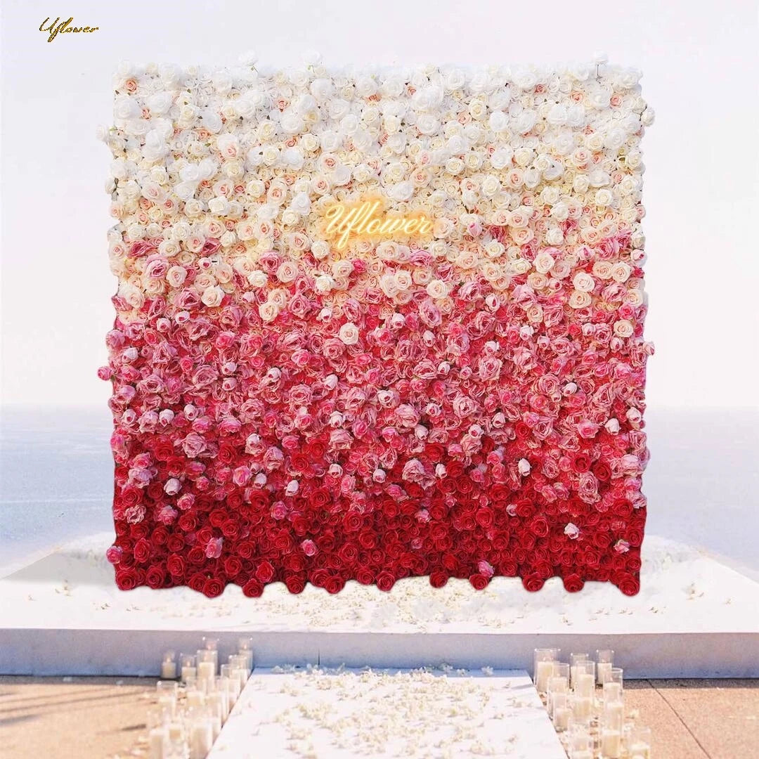 5D Luxury White and Red Gradient Rose Artificial Flower Wall